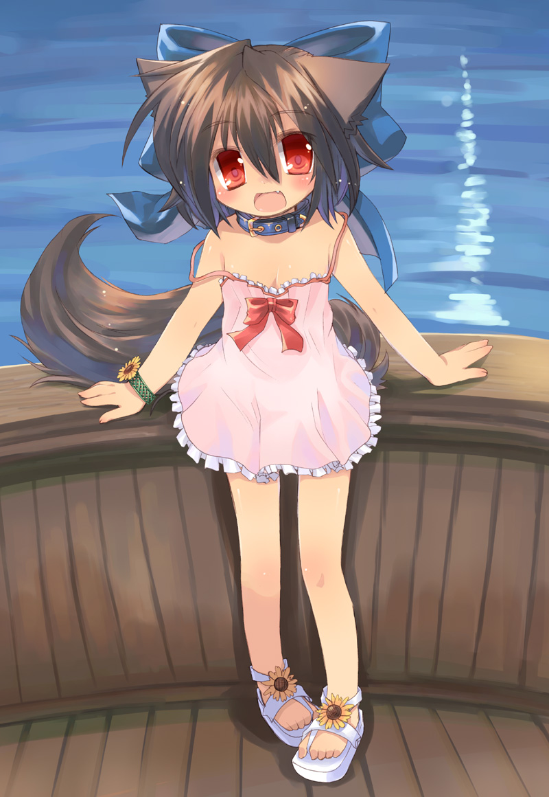 hyokkori tamago, toba hiyoko, kannagi cocoa, original, 1girl, animal ears, blush, brown hair, child, collar, dress, fang, feet, female focus, hair ribbon, happy, red eyes, ribbon, sandals, solo, strap slip, tail