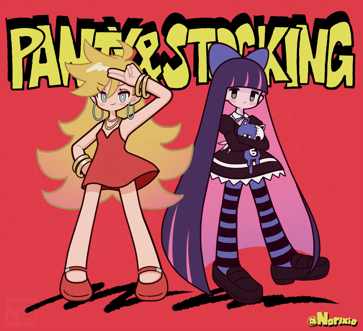 norixio, panty (psg), stocking (psg), panty & stocking with garterbelt, 2girls, ahoge, black shoes, blonde hair, blue bow, blue eyes, blunt bangs, blush stickers, bow, bracelet, character name, closed mouth, dress, frilled dress, frills, full body, gradient hair, hair between eyes, hair bow, holding, holding stuffed toy, hoop, jewelry, looking at viewer, multicolored hair, multiple girls, pantyhose, pink hair, purple hair, red background, red dress, red shoes, salute, shoes, smile, spiked hair, striped clothes, striped pantyhose, stuffed animal, stuffed cat, stuffed toy, two-finger salute, two-tone hair