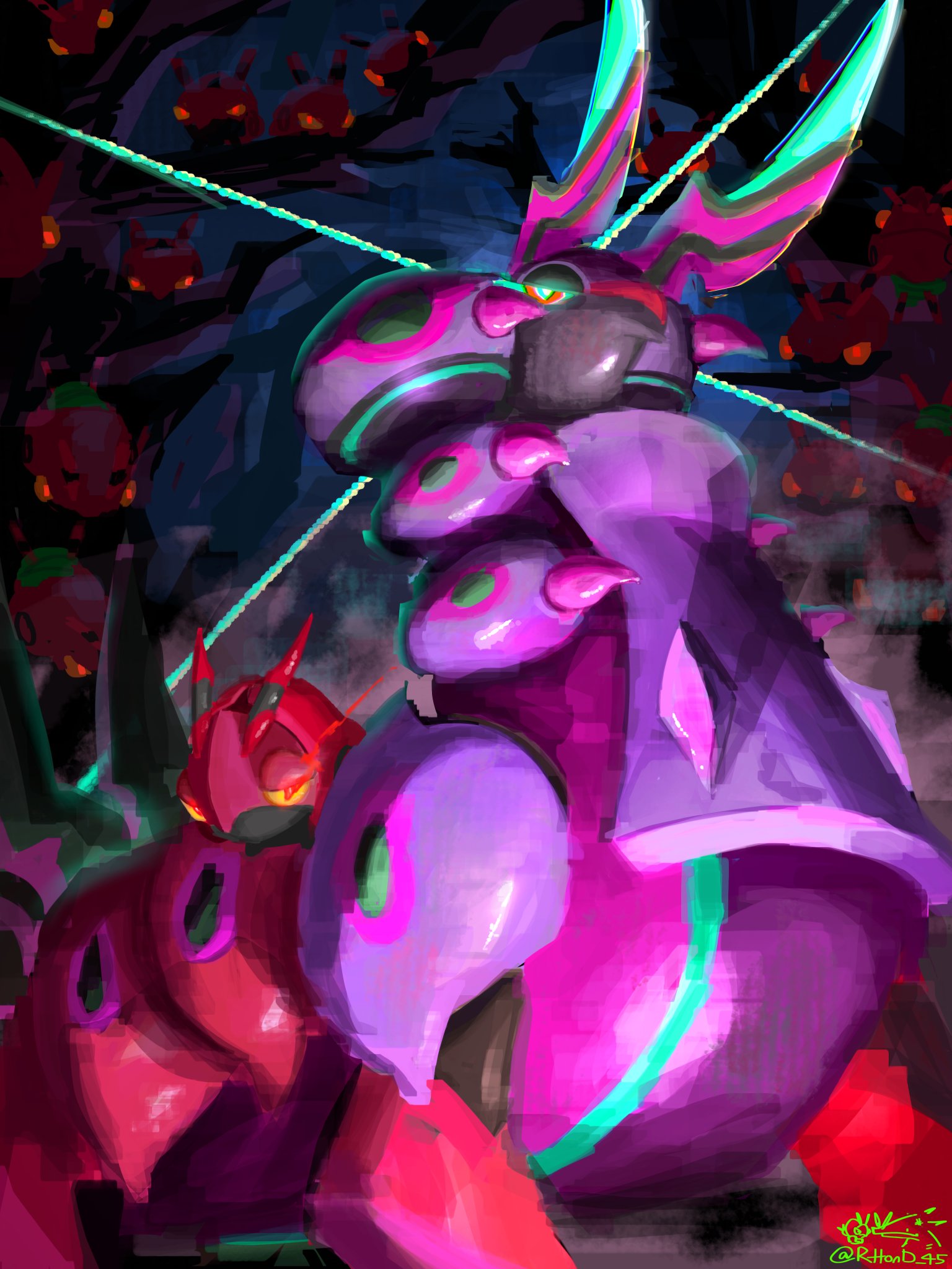 rhond 45, mega scolipede, scolipede, venipede, nintendo, pokemon, highres, alpha pokemon, antennae, aqua eyes, aqua trim, armor, artist name, bug, centipede, colored sclera, colored skin, eye trail, gen 5 pokemon, glowing, glowing eyes, light trail, mega pokemon, multicolored skin, multiple tails, no humans, pokemon (creature), pokemon focus, purple skin, red eyes, red sclera, red skin, tail, twitter username, two-tone skin, two tails, yellow sclera