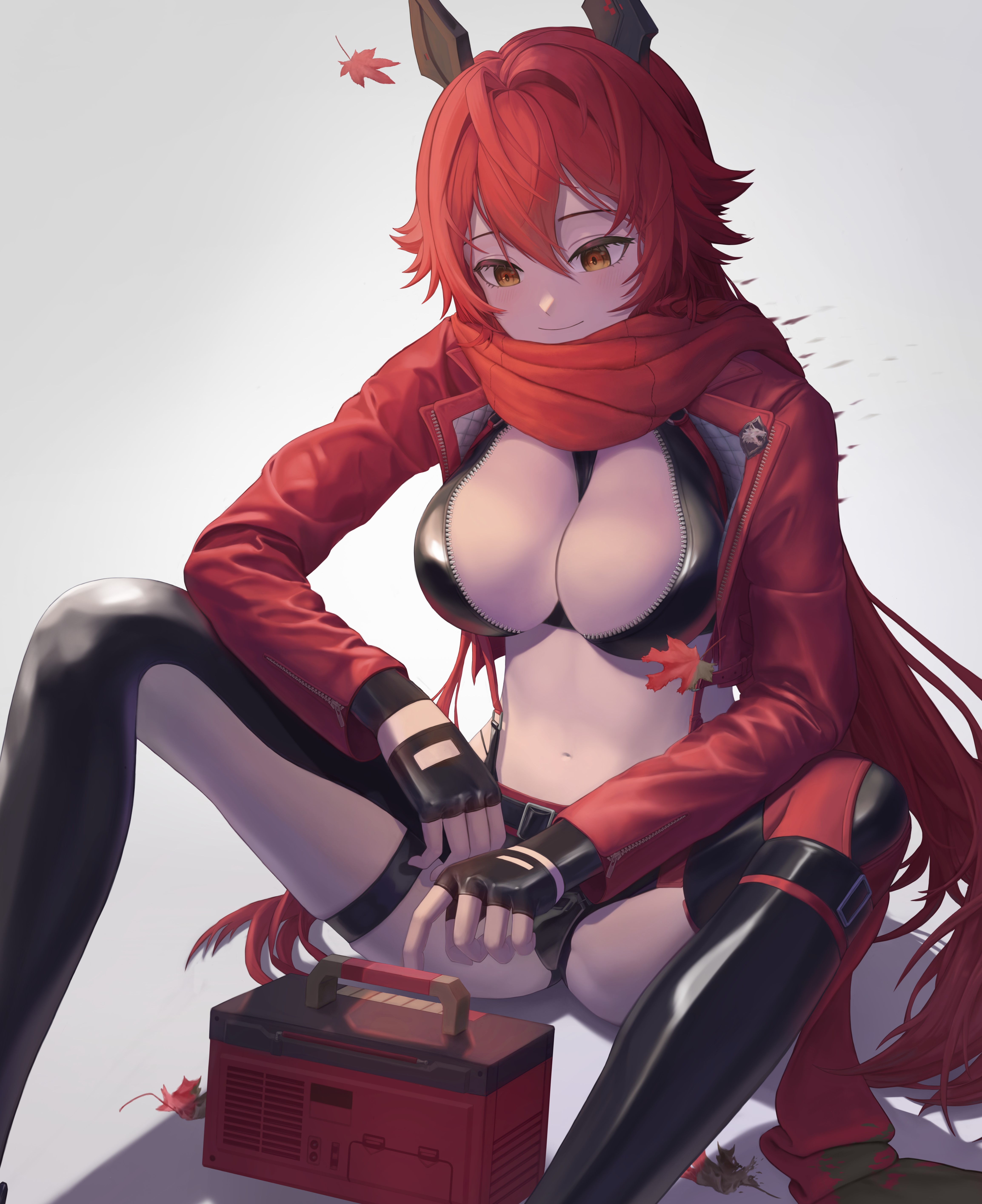 red hood (nikke), goddess of victory: nikke, absurdres, commentary, highres, 1girl, antenna hair, anwindwe, autumn leaves, belt, between breasts, black belt, black gloves, black jacket, black pants, breasts, cleavage, closed mouth, clothing cutout, cropped jacket, crotch plate, double-parted bangs, fingerless gloves, gloves, hair between eyes, hair flaps, hair intakes, hip vent, horns, jacket, large breasts, leaf, leather, leather jacket, leather pants, leg cutout, long hair, long sleeves, m legs, mechanical horns, midriff, navel, open clothes, open jacket, pants, radio, red hair, red jacket, red scarf, scarf, shadow, sidelocks, simple background, sitting, smile, solo, spread legs, strap between breasts, suspenders, unzipped, very long hair, white background, yellow eyes, zipper