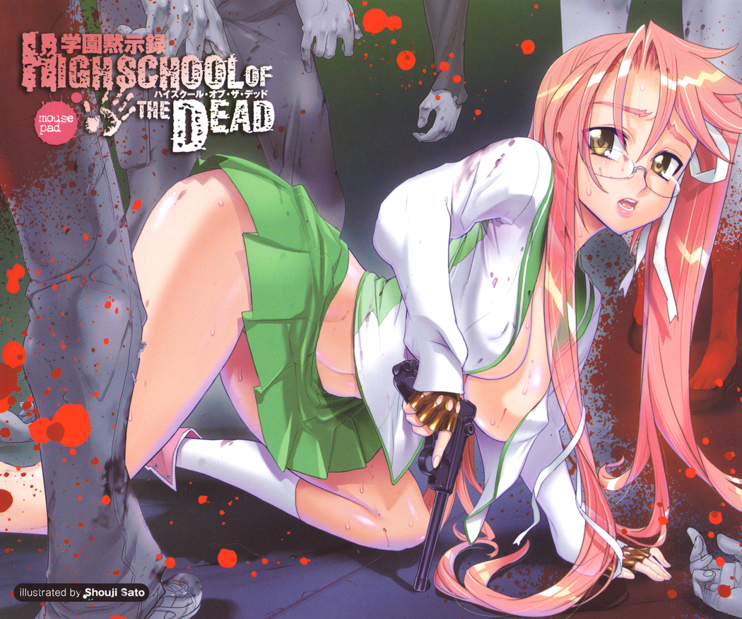 satou shouji, takagi saya, highschool of the dead, 1girl, antenna hair, bad end, blood, breasts, cleavage, female focus, glasses, gun, handgun, large breasts, luger p08, no bra, open clothes, pink hair, pistol, school uniform, solo, torn clothes, twintails, weapon, zombie