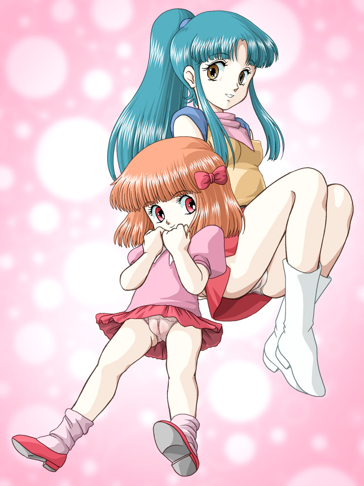 zummy, fubuki kyouko, sugata machiko, plawres sanshirou, bad id, bad pixiv id, 2girls, aqua hair, bandana, boots, bow, brown eyes, cameltoe, hair bow, loli, miniskirt, multiple girls, orange hair, panties, pantyshot, pink panties, ponytail, red eyes, sitting, skirt, smile, socks, underwear, upskirt