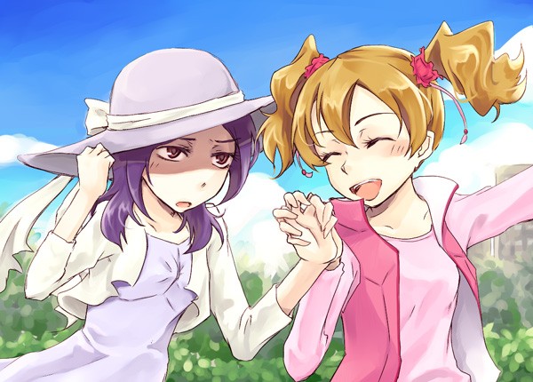 merico413, higashi setsuna, momozono love, fresh precure!, precure, 00s, 2girls, brown eyes, brown hair, closed eyes, hat, holding hands, multiple girls, purple hair, shaded face, shirt, short hair, smile, sun hat, twintails, vest
