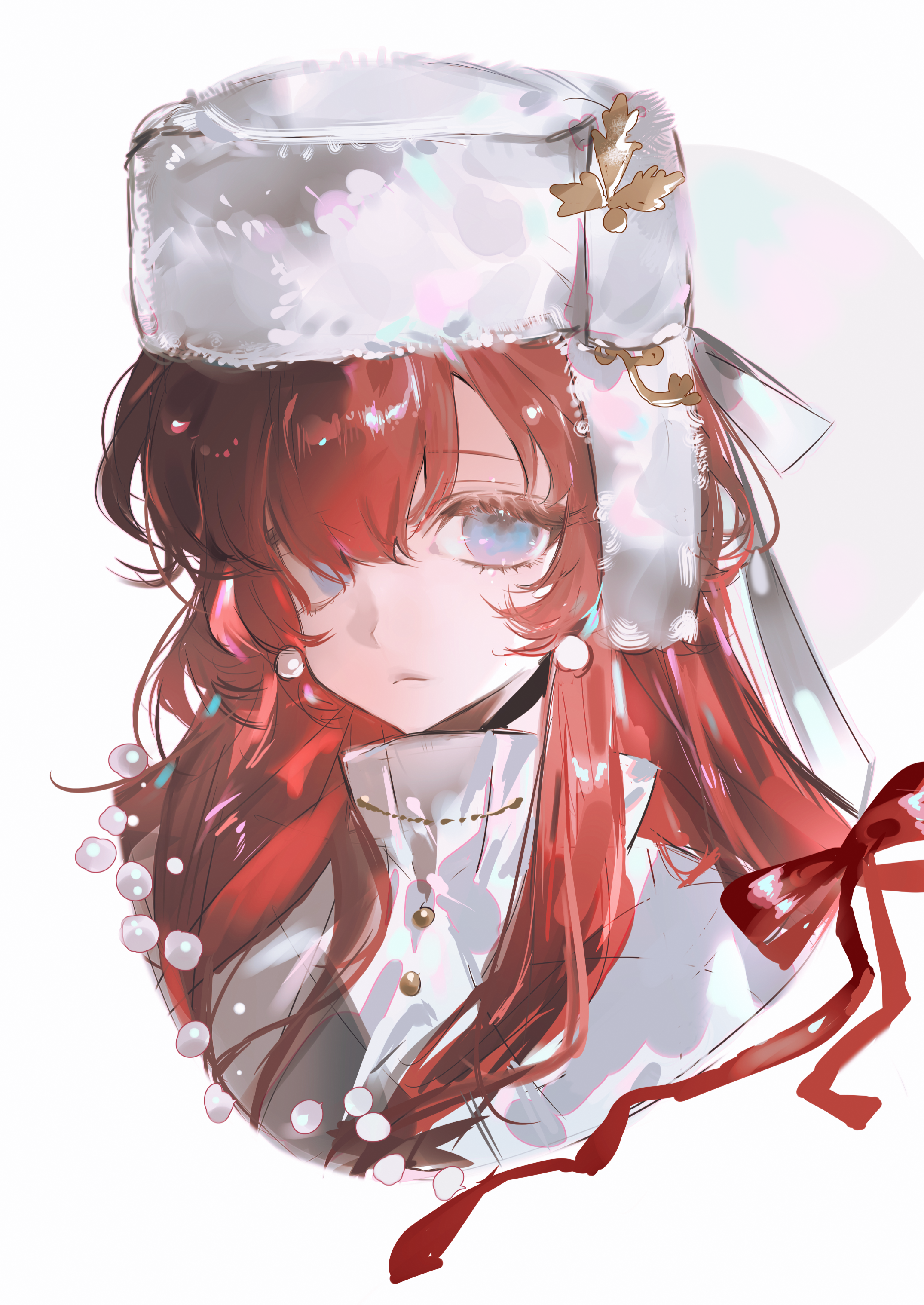 yenisei (reverse:1999), reverse:1999, absurdres, highres, 1girl, :<, blue eyes, closed mouth, cropped torso, hair over one eye, hat, long hair, looking at viewer, moy lyubimyy., one eye covered, portrait, red hair, shirt, solo, ushanka, white background, white hat, white shirt