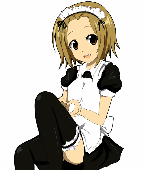 akaishi yui, setsuka (filoliza), tainaka ritsu, k-on!, bad id, bad pixiv id, 00s, 1girl, alternate costume, apron, brown eyes, brown hair, enmaided, female focus, frilled thighhighs, frills, heart, heart hands, maid, maid apron, maid headdress, moe moe kyun!, short hair, simple background, solo, thighhighs, tomboy