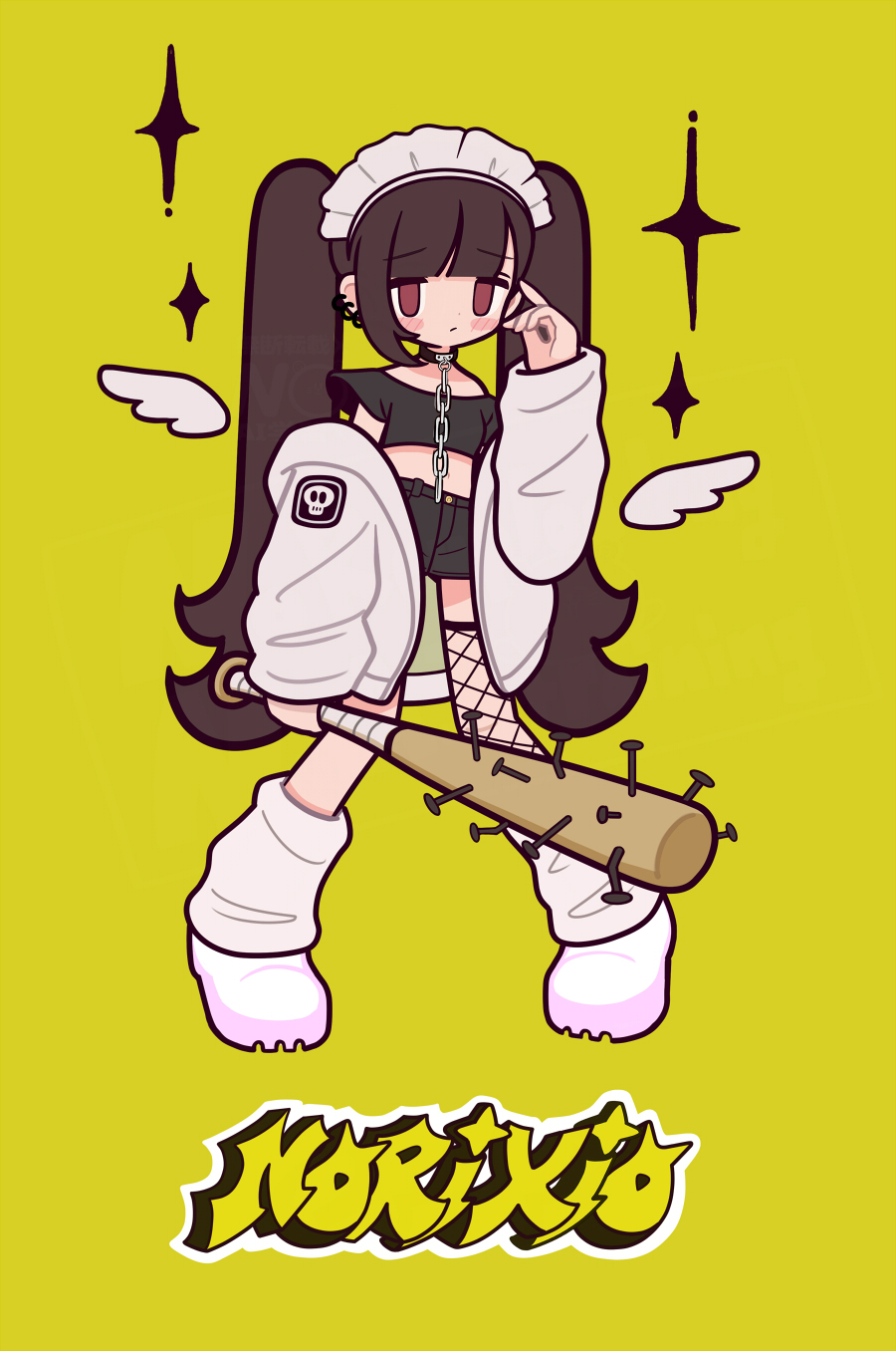 norixio, original, commentary, english commentary, highres, 1girl, arm up, baseball bat, black shirt, blush stickers, brown eyes, brown hair, chain, chain leash, closed mouth, crop top, frilled headwear, full body, hair between eyes, holding, holding baseball bat, index finger raised, jacket, leash, leg warmers, long hair, open clothes, open jacket, pigeon-toed, shirt, shoes, simple background, solo, twintails, very long hair, white headdress, white jacket, white leg warmers, white shoes, white wings, wings, yellow background