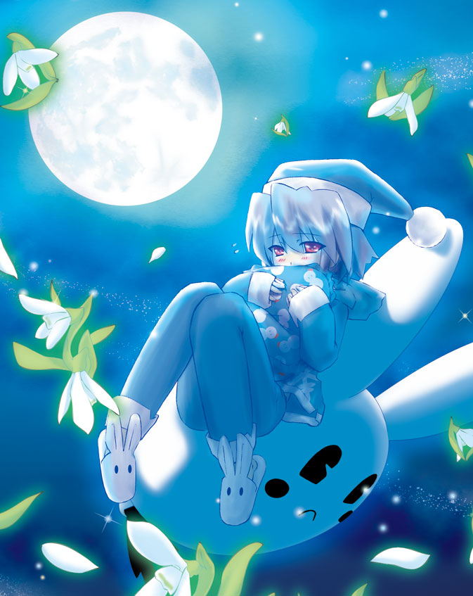 kotonomiya yuki, suigetsu, 1girl, animal slippers, blue hair, blush, bunny slippers, female focus, flower, full moon, hat, knees together feet apart, moon, night, nightcap, pajamas, pom pom (clothes), red eyes, slippers, solo