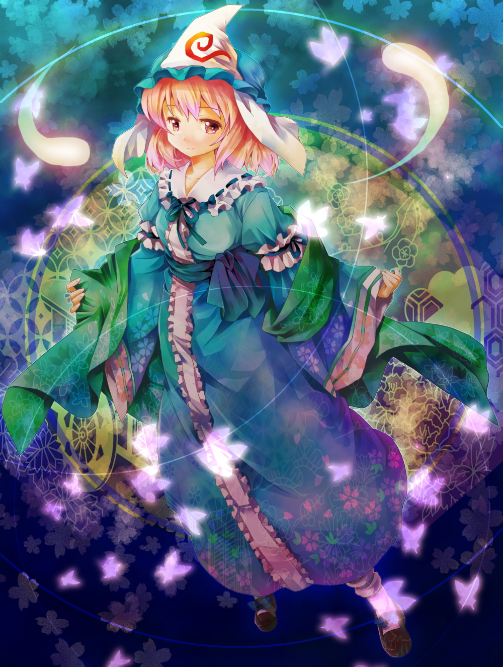 michii yuuki, saigyouji yuyuko, touhou, bad id, bad pixiv id, highres, 1girl, breasts, bug, butterfly, dress, female focus, full body, hat, pink eyes, pink hair, solo