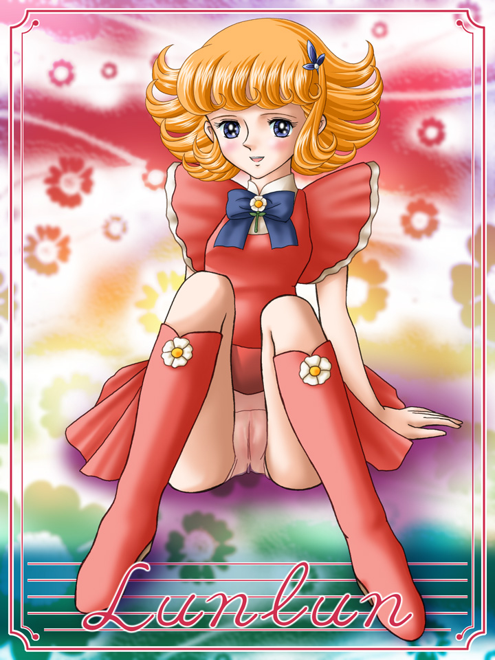 zummy, lunlun, hana no ko lunlun, bad id, bad pixiv id, 1970s (style), 1girl, blonde hair, blue eyes, blush, boots, cameltoe, daisy (flower), dress, female focus, flower, french text, hair ornament, hairclip, knee boots, magical girl, oldschool, panties, pantyshot, pink panties, rainbow background, retro artstyle, ribbon, short hair, sitting, smile, solo, uncensored, underwear