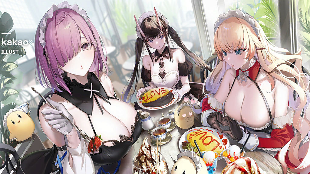 kakao (chocolate land), howe (azur lane), howe (pastry princess) (azur lane), manjuu (azur lane), noshiro (azur lane), noshiro (hold the ice) (azur lane), penelope (azur lane), penelope (salty maid) (azur lane), azur lane, 3girls, apron, black hair, blonde hair, breasts, cleavage, cup, detached sleeves, food, gloves, large breasts, maid, maid apron, maid headdress, multiple girls, omelet, omurice, purple hair, tea, teacup, twintails, white gloves