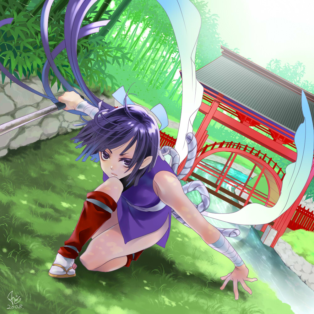 bad id, bad pixiv id, 1girl, female focus, japanese clothes, ninja, purple hair, solo, sword, weapon