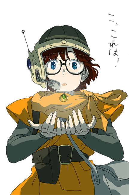 terao (pixiv157174), terao (teraisan), lucca ashtear, chrono (series), chrono trigger, bad id, bad pixiv id, translated, 1990s (style), 1girl, blue eyes, female focus, glasses, helmet, retro artstyle, simple background, solo
