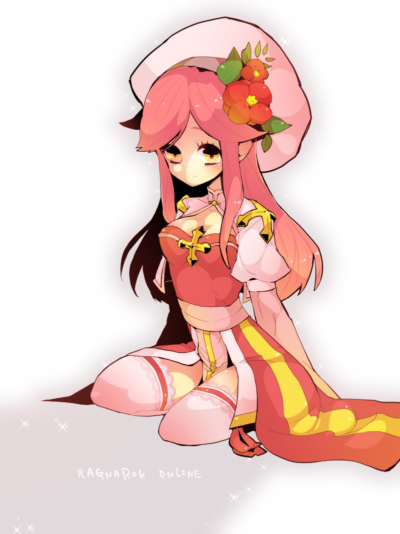 oumuo, arch bishop (ragnarok online), ragnarok online, commentary request, 1girl, blush, breasts, cleavage, cleavage cutout, closed mouth, clothing cutout, copyright name, cross, dress, flower, full body, grey background, hat, hat flower, hat ornament, juliet sleeves, lace, lace-trimmed thighhighs, lace trim, leaf hat ornament, long hair, long sleeves, looking at viewer, medium breasts, pink hair, puffy sleeves, red dress, red flower, sash, seiza, simple background, sitting, smile, solo, swept bangs, tam (ragnarok online), thighhighs, two-tone dress, white dress, white hat, white sash, white thighhighs, yellow eyes