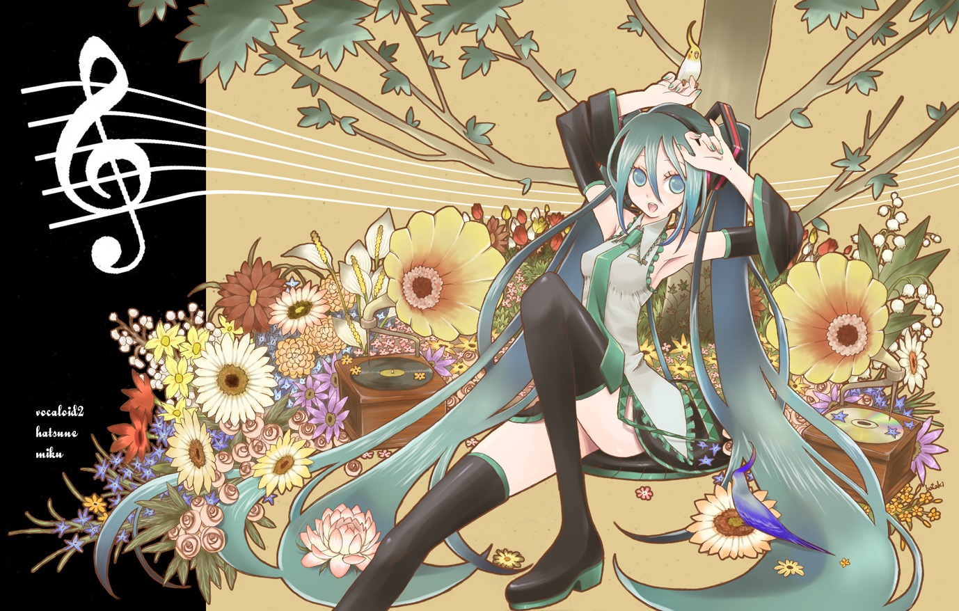 bataki, hatsune miku, vocaloid, aqua eyes, aqua hair, detached sleeves, flower, long hair, necktie, skirt, solo, thighhighs, twintails, very long hair, zettai ryouiki