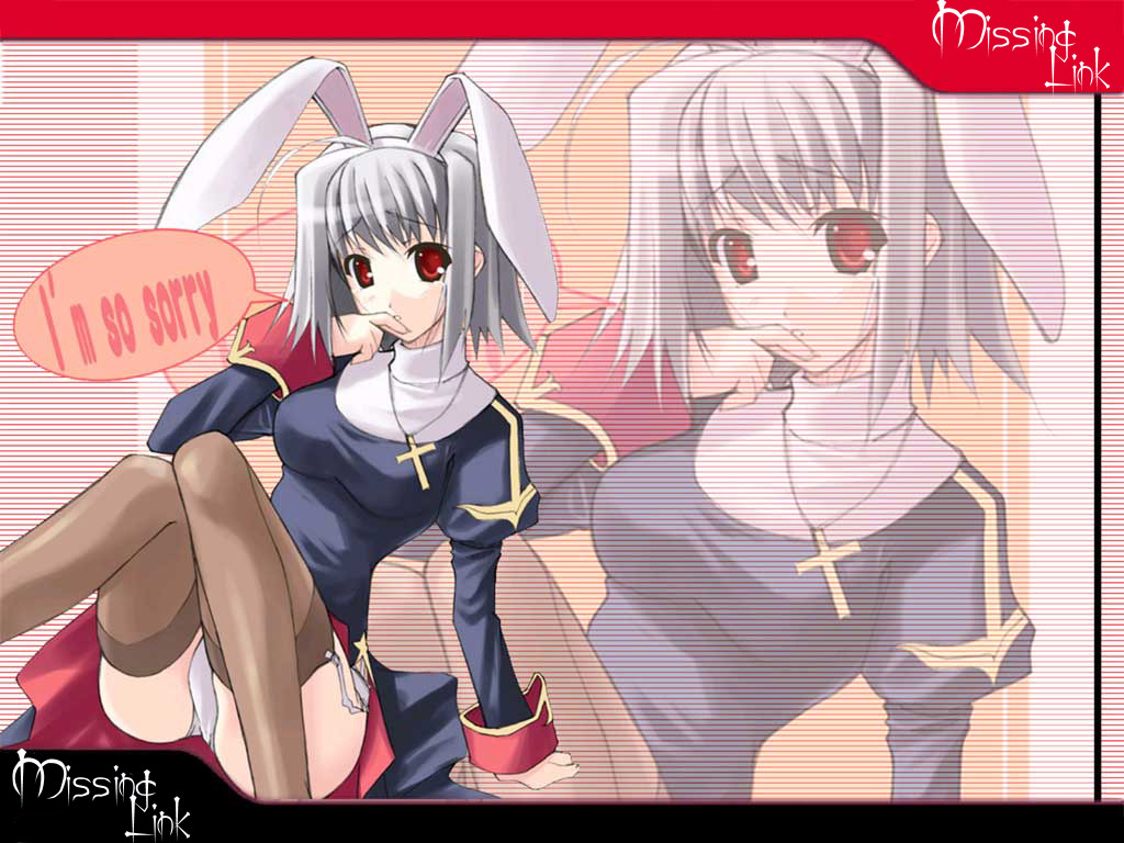 shingo (missing link), priest (ragnarok online), ragnarok online, bad id, commentary request, 1girl, 2000s (style), animal ears, black dress, breasts, brown thighhighs, cross, cross necklace, dress, english text, fake animal ears, feet out of frame, garter straps, grey hair, jewelry, juliet sleeves, long sleeves, looking at viewer, medium breasts, necklace, orange background, panties, puffy sleeves, rabbit ears, red eyes, short hair, side slit, sitting, solo, thighhighs, underwear, white panties, zoom layer