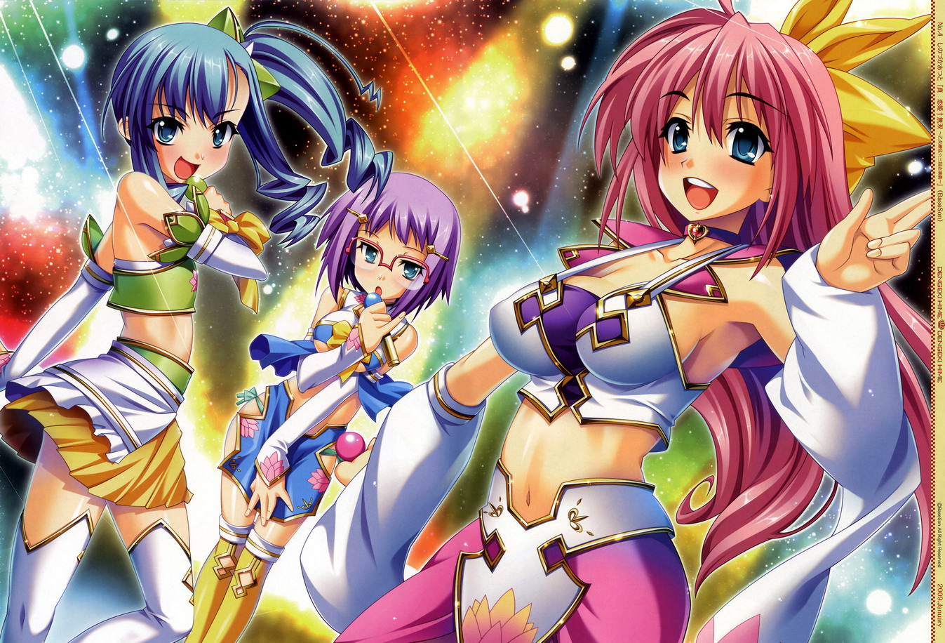 shinozuka atsuto, chouhou (koihime musou), choukaku (koihime musou), chouryou (renhou) (koihime musou), koihime musou, shin koihime musou, official art, 00s, 2009, 3girls, armpits, artist name, blue eyes, bow, breasts, copyright name, detached sleeves, flat chest, glasses, green hair, hair bow, hair ornament, hairclip, idol, january, large breasts, long hair, microphone, midriff, multiple girls, music, pink hair, purple hair, red hair, short hair, siblings, side ponytail, sideboob, singing, sisters, skirt, thighhighs, watermark, zettai ryouiki