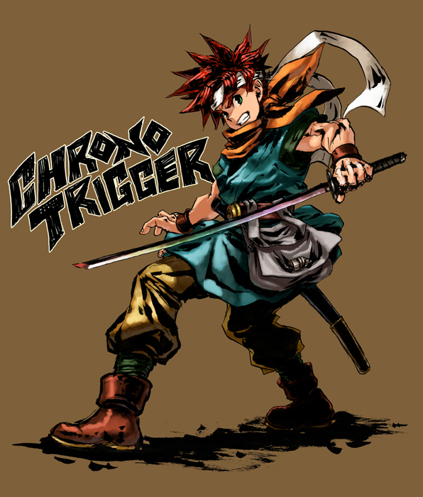 yapo (croquis side), crono (chrono trigger), chrono (series), chrono trigger, 1990s (style), 1boy, green eyes, headband, looking back, male focus, rainbow, red hair, solo, sword, weapon, wristband