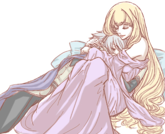 tsutsuji maki, physis, soldier blue, toward the terra, silver hair, 1boy, 1girl, albino, blonde hair, cape, closed eyes, couple, dress, gloves, headphones, hetero, holding, hug, leaning, long hair, sitting, sleeping, smile