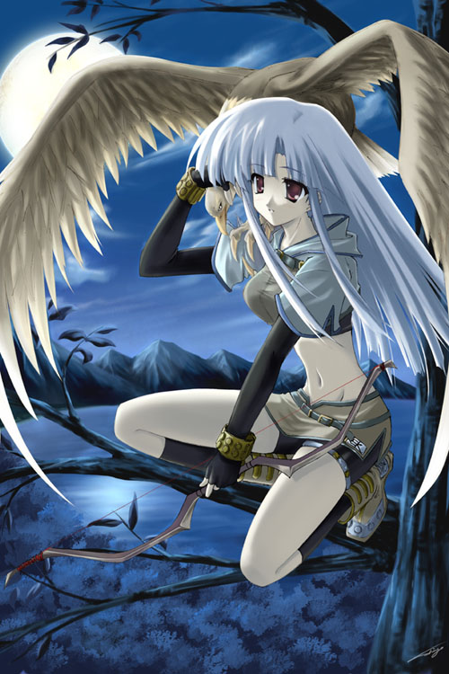 shingo (missing link), hunter (ragnarok online), ragnarok online, bad id, commentary request, 1girl, 2000s (style), bird, black gloves, black shorts, black socks, bow (weapon), breasts, brown shirt, brown skirt, crop top, eagle, elbow gloves, fingerless gloves, full body, full moon, gloves, grey hair, holding, holding bow (weapon), holding weapon, long hair, medium breasts, midriff, miniskirt, moon, navel, night, on branch, outdoors, red eyes, shirt, short shorts, shorts, shorts under skirt, sidelocks, skirt, socks, solo, squatting, tree, weapon