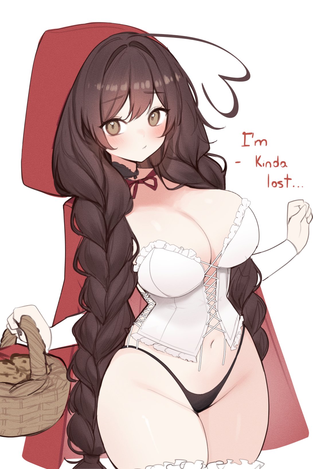 sky above me, sky above me (vtuber), indie virtual youtuber, commentary, english commentary, highres, 1girl, ahoge, basket, black panties, blush, braid, breasts, brown eyes, brown hair, cleavage, closed mouth, corset, english text, heart, heart ahoge, holding, holding basket, large breasts, long hair, looking at viewer, navel, neck ribbon, panties, red hood, red ribbon, ribbon, simple background, solo, stomach, thighs, twin braids, twintails, underwear, virtual youtuber, white background, white corset