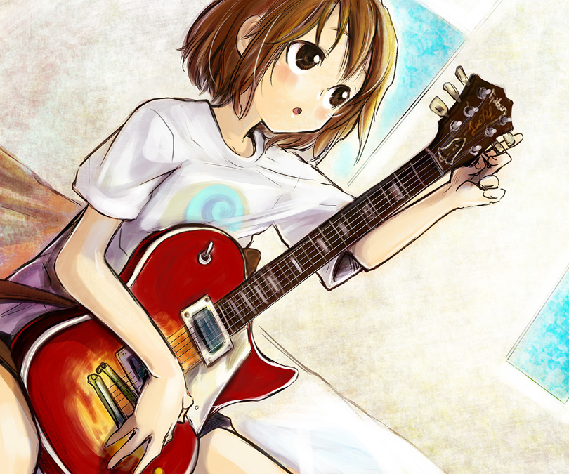 doraeshi, haduki (pixiv), hirasawa yui, k-on!, bad id, bad pixiv id, 00s, 1girl, female focus, gibson les paul, guitar, indoors, instrument, solo