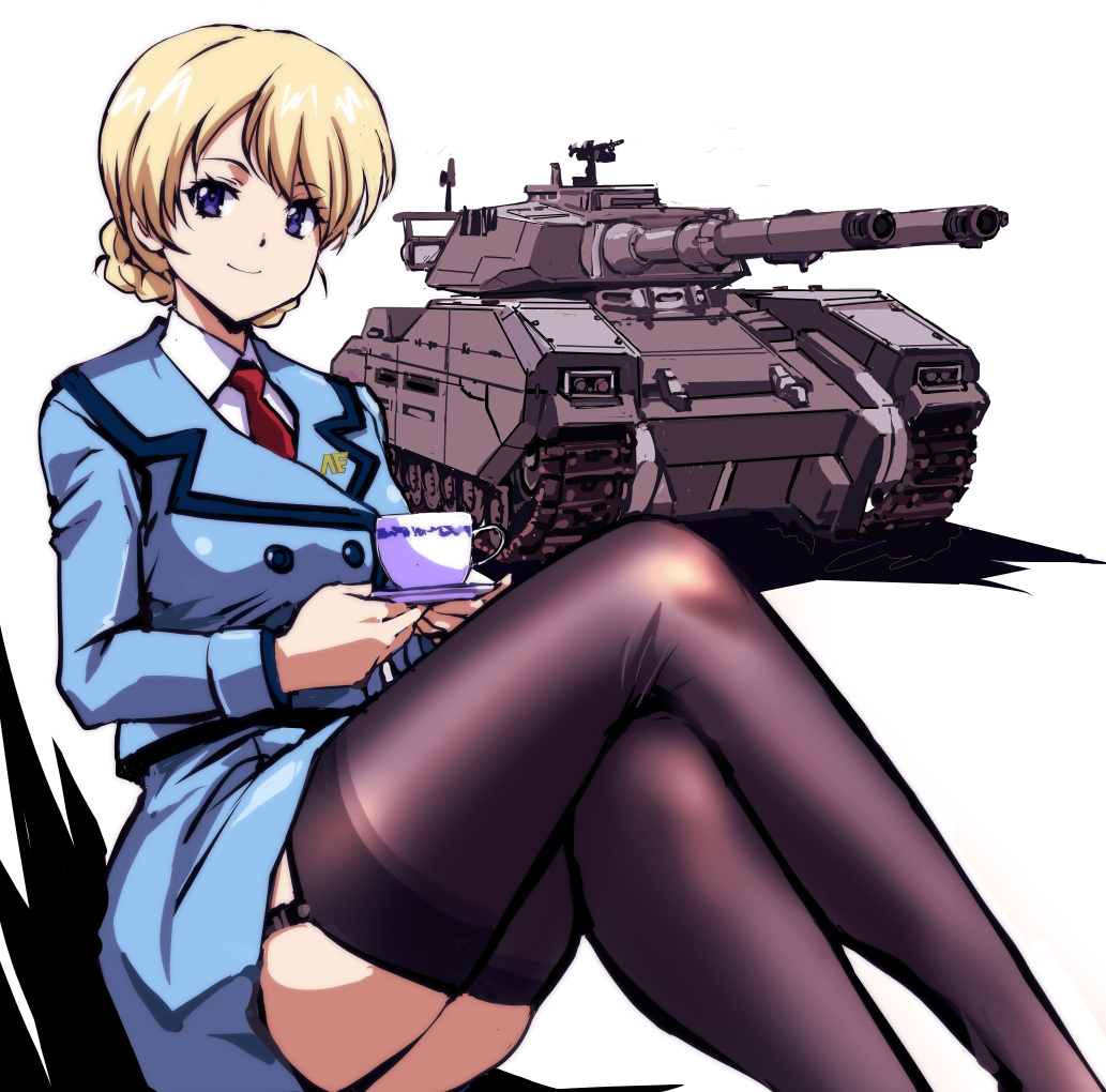 kamisimo 90, darjeeling (girls und panzer), type 61 (gundam), girls und panzer, gundam, gundam 0083, commentary request, partial commentary, revision, 1girl, anaheim electronics, black thighhighs, blonde hair, blue eyes, blue jacket, blue skirt, braid, closed mouth, collared shirt, crossed legs, cup, dress shirt, feet out of frame, garter straps, holding, holding saucer, jacket, legs, long sleeves, looking at viewer, military vehicle, motor vehicle, necktie, red necktie, saucer, shirt, short hair, simple background, sitting, skirt, smile, solo, tank, teacup, thighhighs, thighs, white background, white shirt
