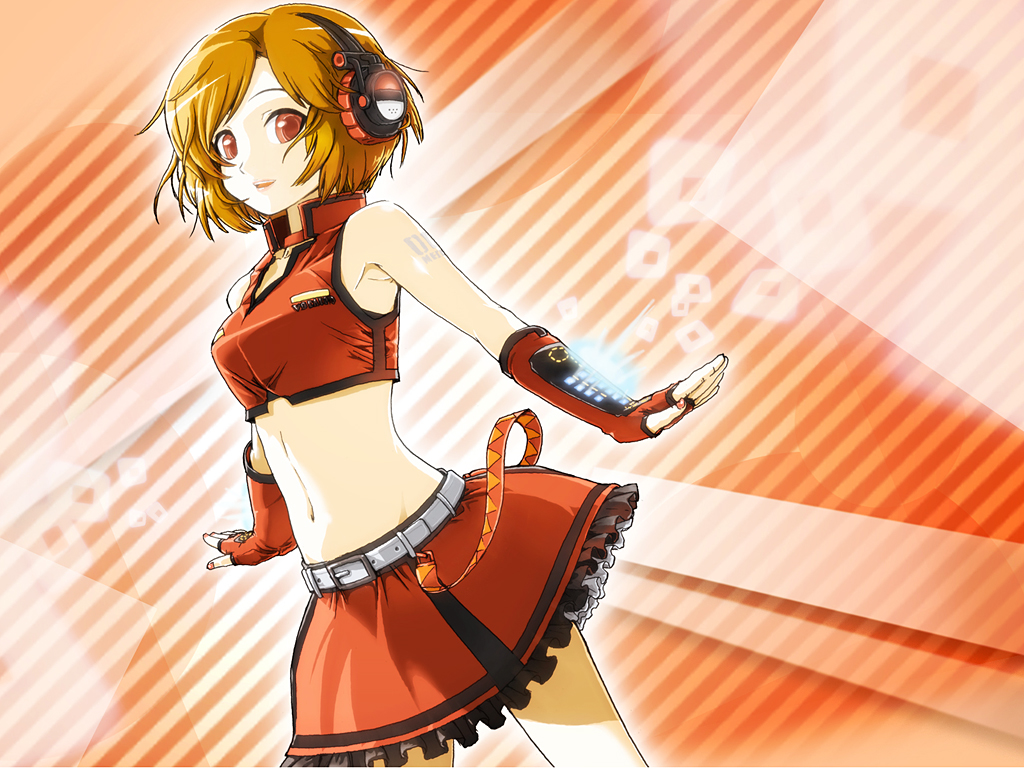 daigoman, meiko (vocaloid), sakine meiko, vocaloid, 1girl, belt, brown hair, female focus, fingerless gloves, frills, gloves, headphones, midriff, navel, red eyes, skirt, solo