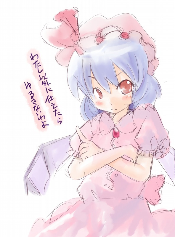 ogu, remilia scarlet, touhou, translated, 1girl, bat wings, blue hair, blush, female focus, hat, red eyes, sketch, solo, white background, wings