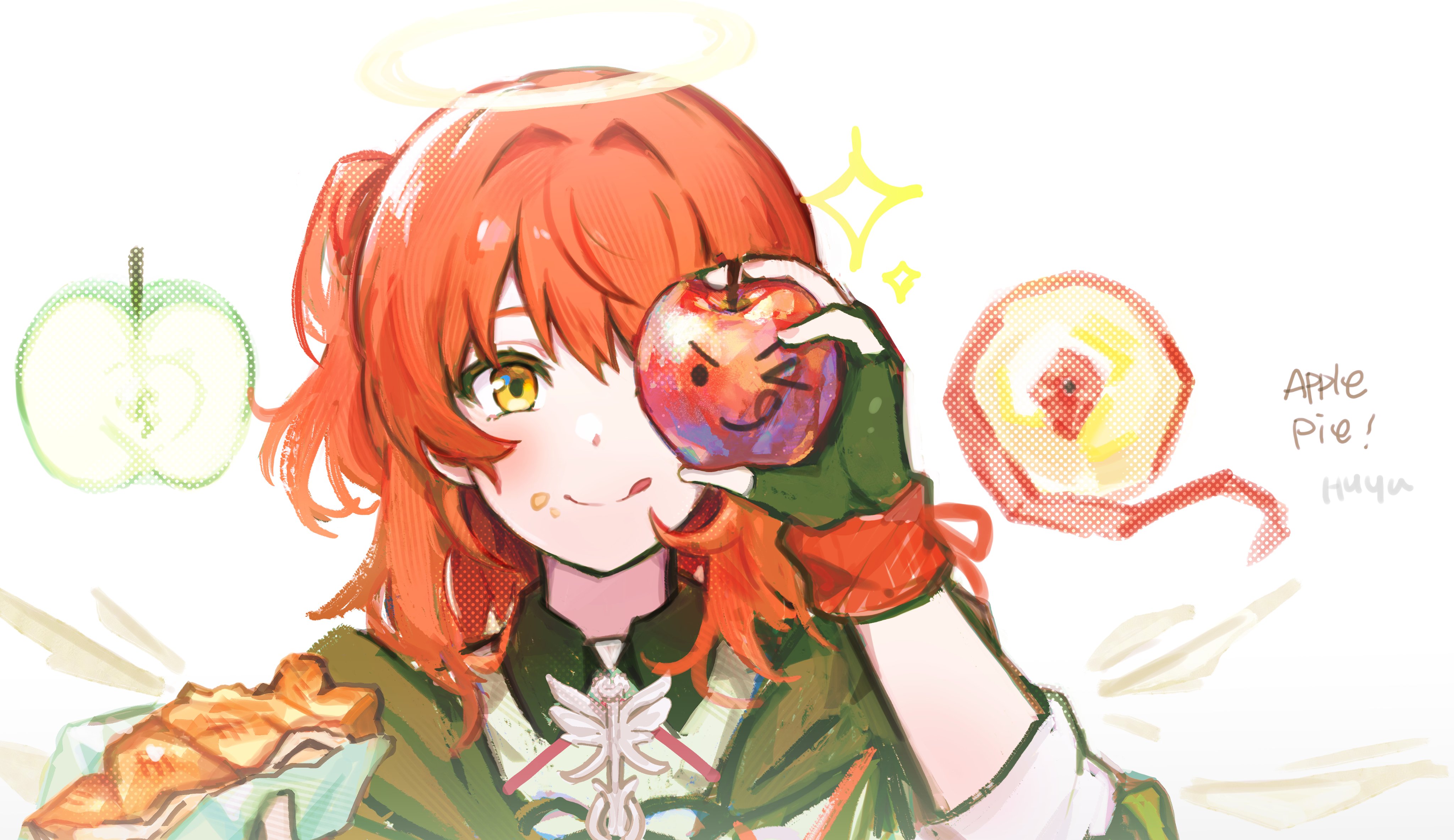 wed (lim38869577), exusiai (arknights), exusiai the new covenant (arknights), arknights, absurdres, hashtag-only commentary, highres, 1girl, apple, apple pie, black gloves, black jacket, closed mouth, detached wings, energy wings, fingerless gloves, food, fruit, gloves, halo, holding, holding food, holding fruit, jacket, medium hair, one side up, pie, red hair, shirt, smile, solo, tongue, tongue out, traditional halo, upper body, wings, yellow eyes, yellow halo