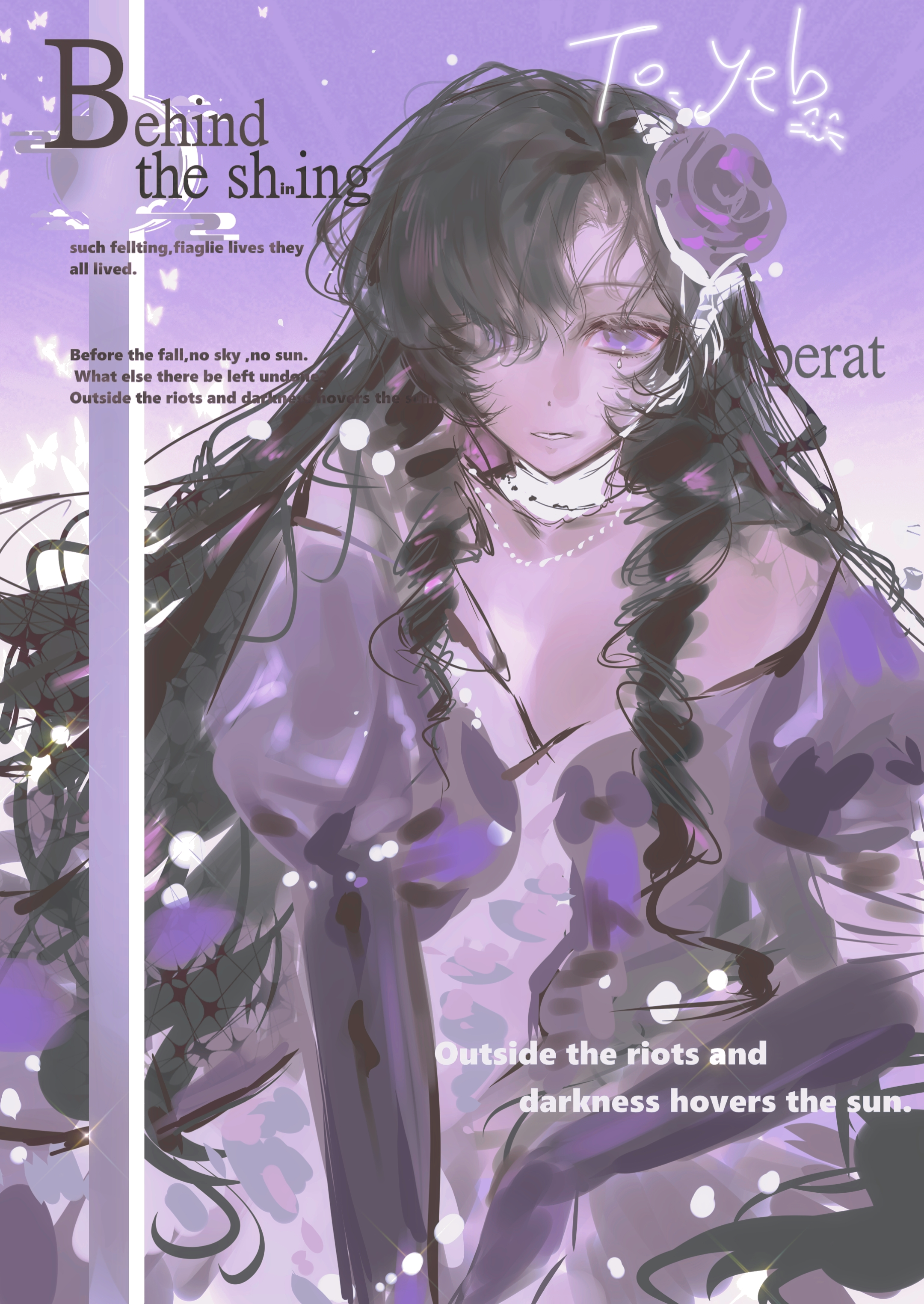 isolde (reverse:1999), reverse:1999, absurdres, highres, 1girl, bare shoulders, black hair, dress, english text, flower, hair flower, hair ornament, juliet sleeves, long hair, long sleeves, looking at viewer, moy lyubimyy., off-shoulder dress, off shoulder, parted lips, puffy sleeves, purple background, purple dress, purple eyes, purple flower, solo, upper body