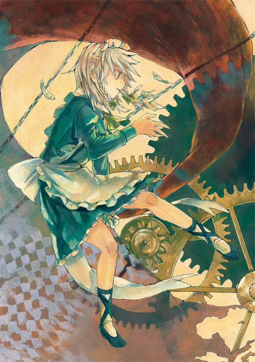 takishima asaka, izayoi sakuya, touhou, silver hair, 1girl, female focus, full body, legs, maid, ribbon, short hair, solo