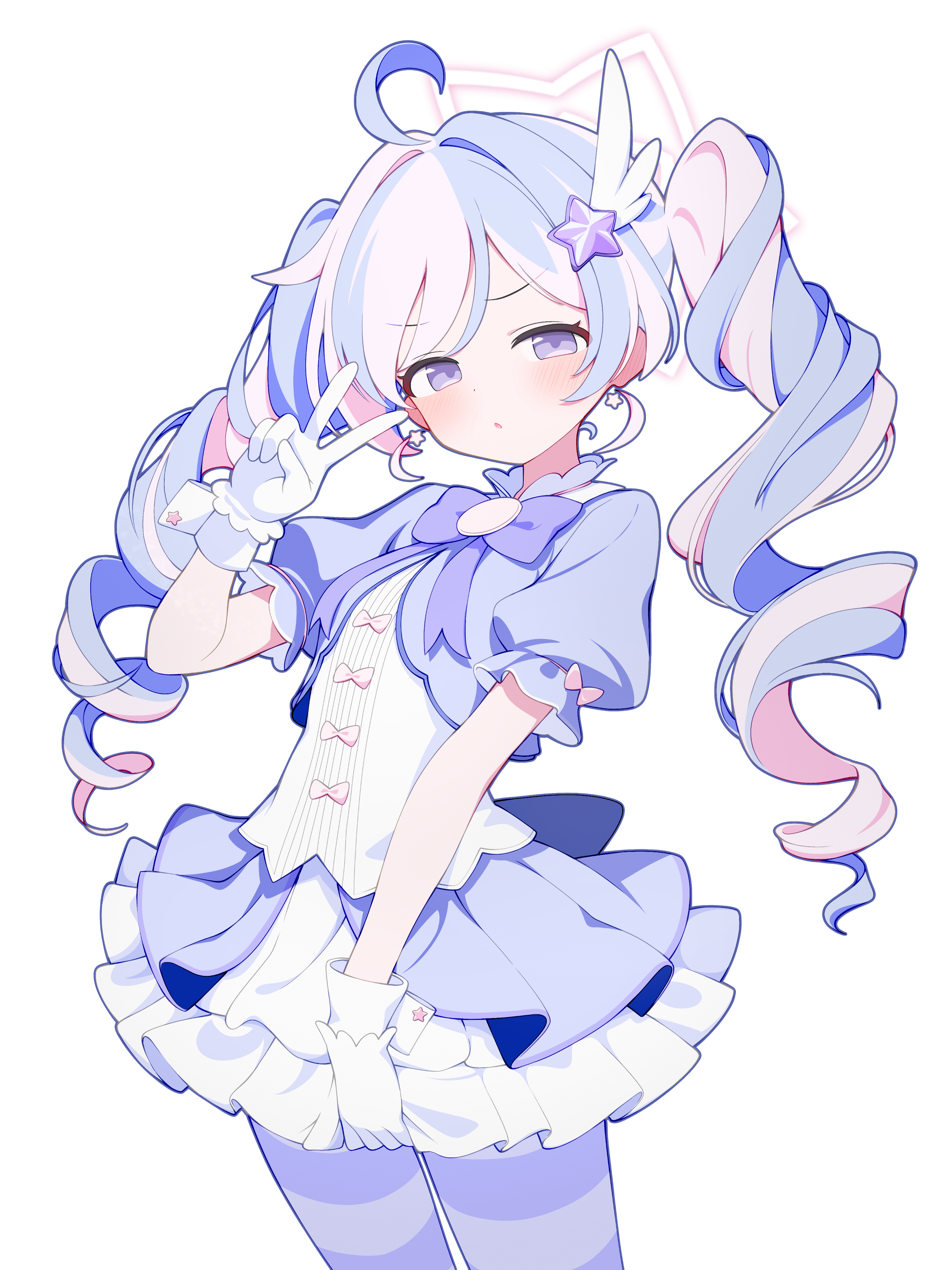 acalephea, reisa (blue archive), reisa (magical) (blue archive), blue archive, absurdres, highres, 1girl, ahoge, blush, bow, drill hair, gloves, hair ornament, halo, magical girl, multicolored hair, open mouth, pantyhose, pink bow, pink hair, pink halo, puffy short sleeves, puffy sleeves, purple bow, purple eyes, purple hair, purple pantyhose, short sleeves, simple background, solo, star (symbol), star hair ornament, star halo, striped clothes, striped pantyhose, twin drills, twintails, two-tone hair, white background, white gloves, wing hair ornament
