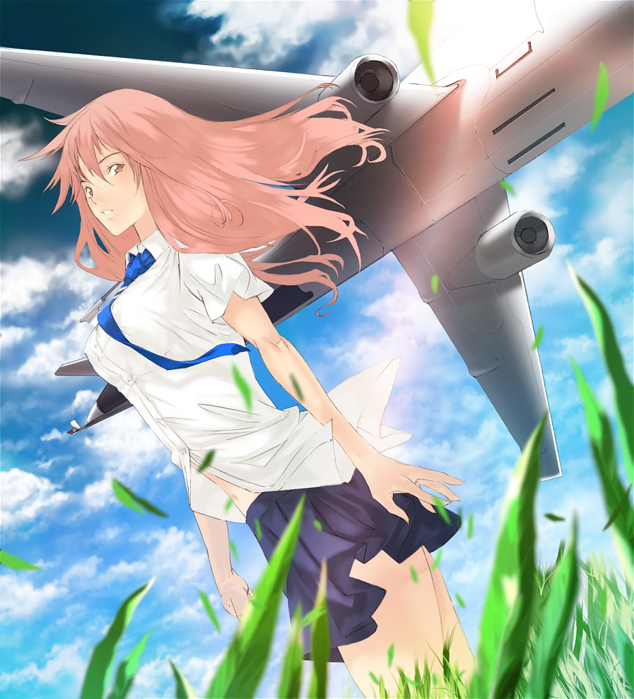 complexplane, original, jet, bad id, 1girl, aircraft, airplane, blurry, breasts, cloud, day, depth of field, dutch angle, female focus, grass, large breasts, long hair, navel, necktie, open clothes, open shirt, pink eyes, pink hair, school uniform, shirt, skirt, sky, solo, wind