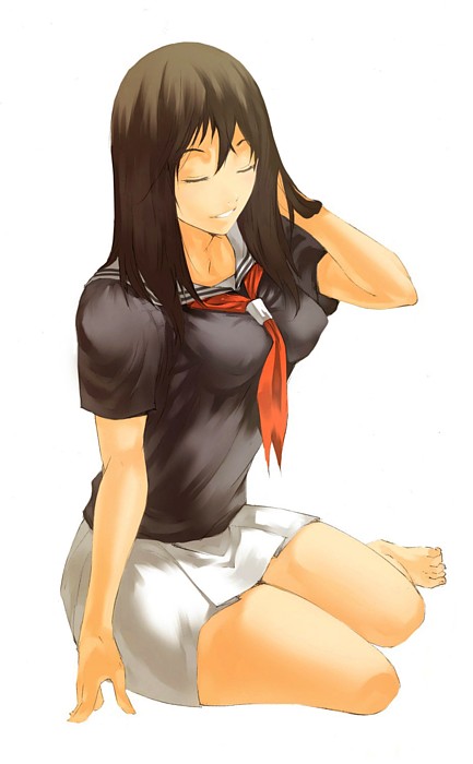 complexplane, original, bad id, 1girl, adjusting hair, arm support, barefoot, between breasts, breasts, brown hair, closed eyes, female focus, impossible clothes, impossible shirt, large breasts, legs folded, school uniform, serafuku, shirt, simple background, sitting, smile, solo, yokozuwari
