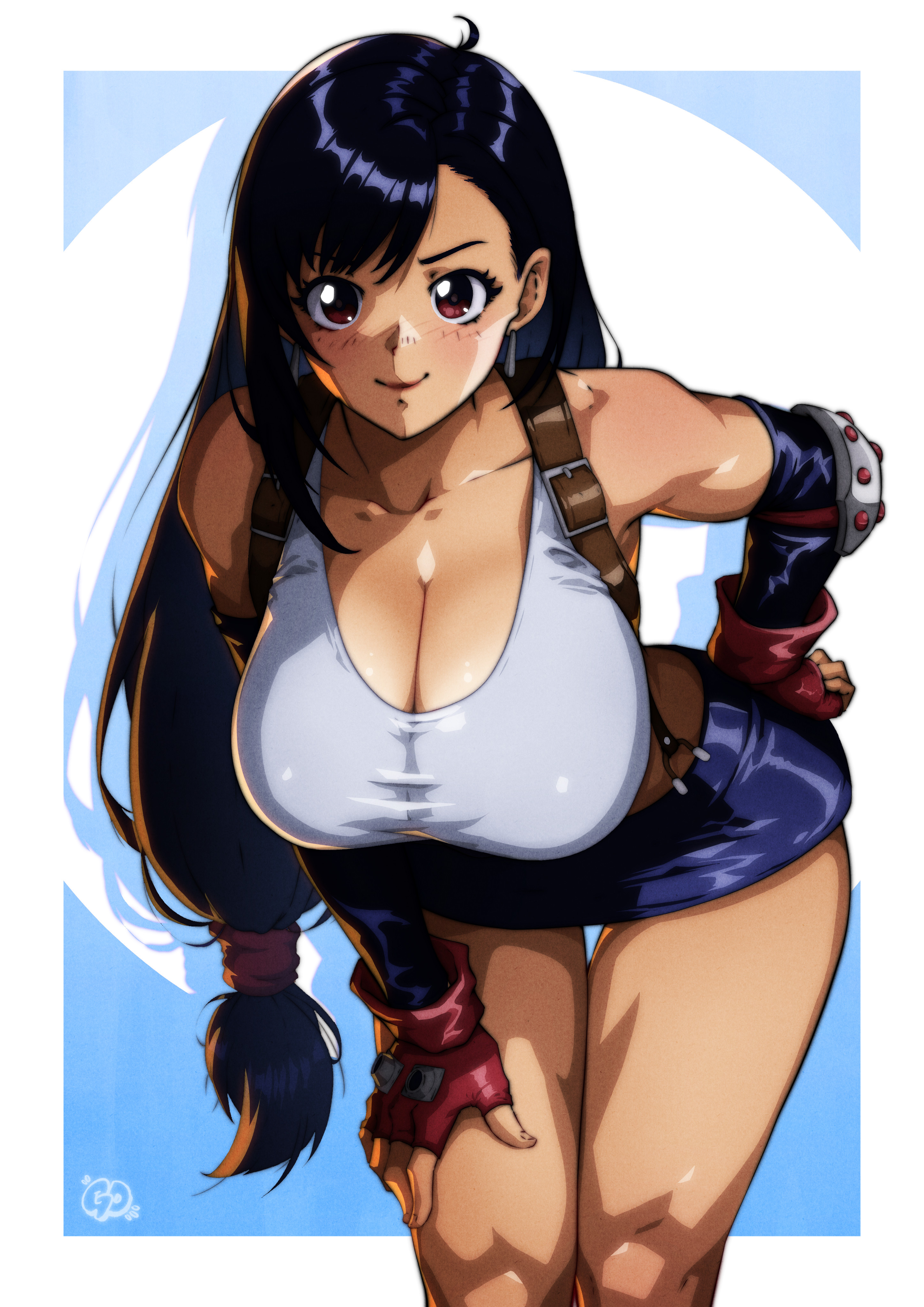 gravydood, tifa lockhart, final fantasy, final fantasy vii, absurdres, highres, 1girl, bare shoulders, bent over, black gloves, black hair, black skirt, blue background, border, breasts, brown eyes, cleavage, closed mouth, collarbone, cowboy shot, crop top, earrings, elbow gloves, elbow pads, fingerless gloves, gloves, hair tie, hand on own hip, hand on own knee, jewelry, large breasts, light blush, long hair, looking at viewer, low-tied long hair, midriff, miniskirt, red gloves, shirt, single elbow pad, single sidelock, skirt, sleeveless, sleeveless shirt, smile, solo, suspenders, thigh gap, white border, white shirt