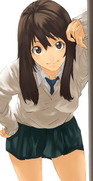 complexplane, original, bad id, brown eyes, brown hair, hand on own hip, hip focus, leaning, leaning forward, long sleeves, necktie, school uniform, simple background, skirt, solo, sweater