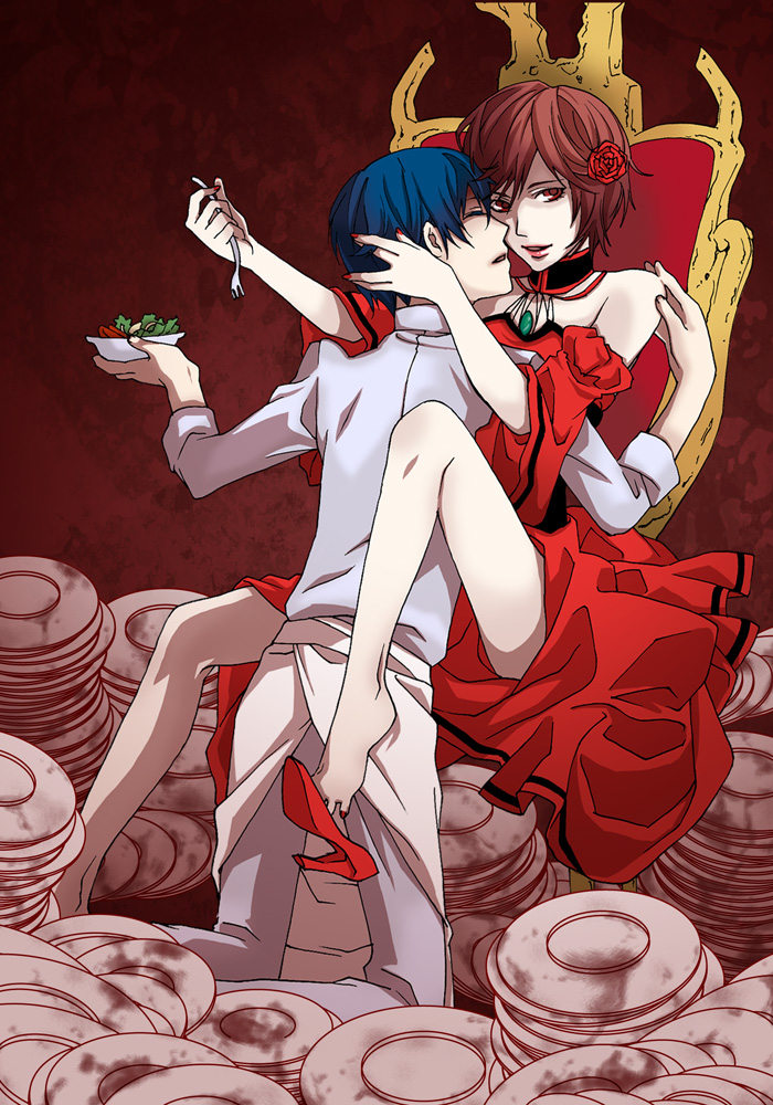 sabo (srapenil), kaito (vocaloid), meiko (vocaloid), sabo, akujiki musume conchita (vocaloid), evillious nendaiki, vocaloid, bad id, bad pixiv id, 1boy, 1girl, barefoot, blue hair, brown eyes, brown hair, closed eyes, clothes lift, detached sleeves, dress, dress lift, flower, food, fork, hand on another's head, high heels, nail polish, plate, red dress, red nails, rose, salad, shoe dangle, shoes, smile