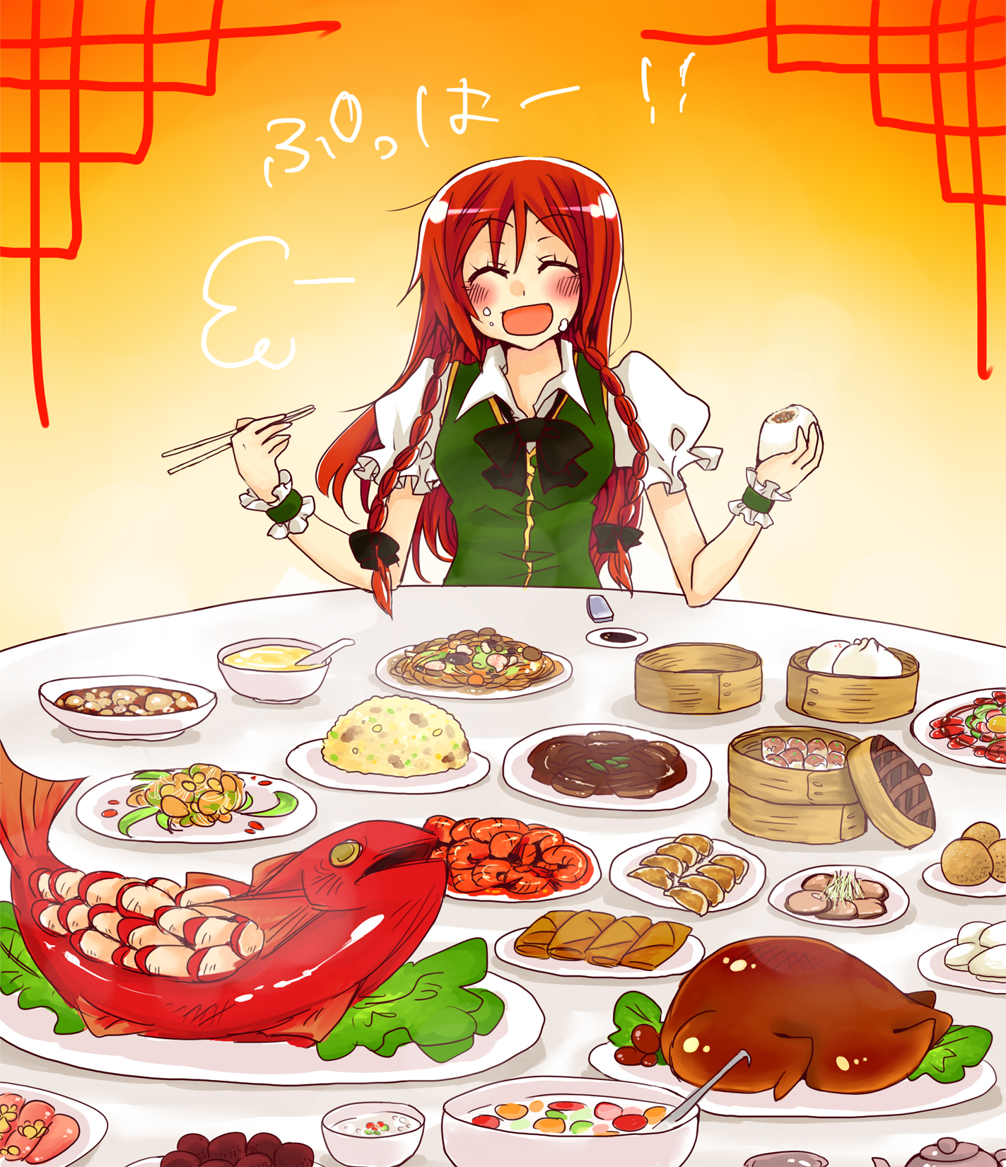 yumesuke, hong meiling, embodiment of scarlet devil, touhou, highres, 1girl, :d, ^ ^, blush, braid, chicken (food), chopsticks, closed eyes, dumpling, feast, female focus, food, food focus, fried rice, happy, jiaozi, long hair, no headwear, open mouth, peking duck (food), red hair, rice, shumai (food), smile, solo, soup, spring roll, steamed bun, twin braids
