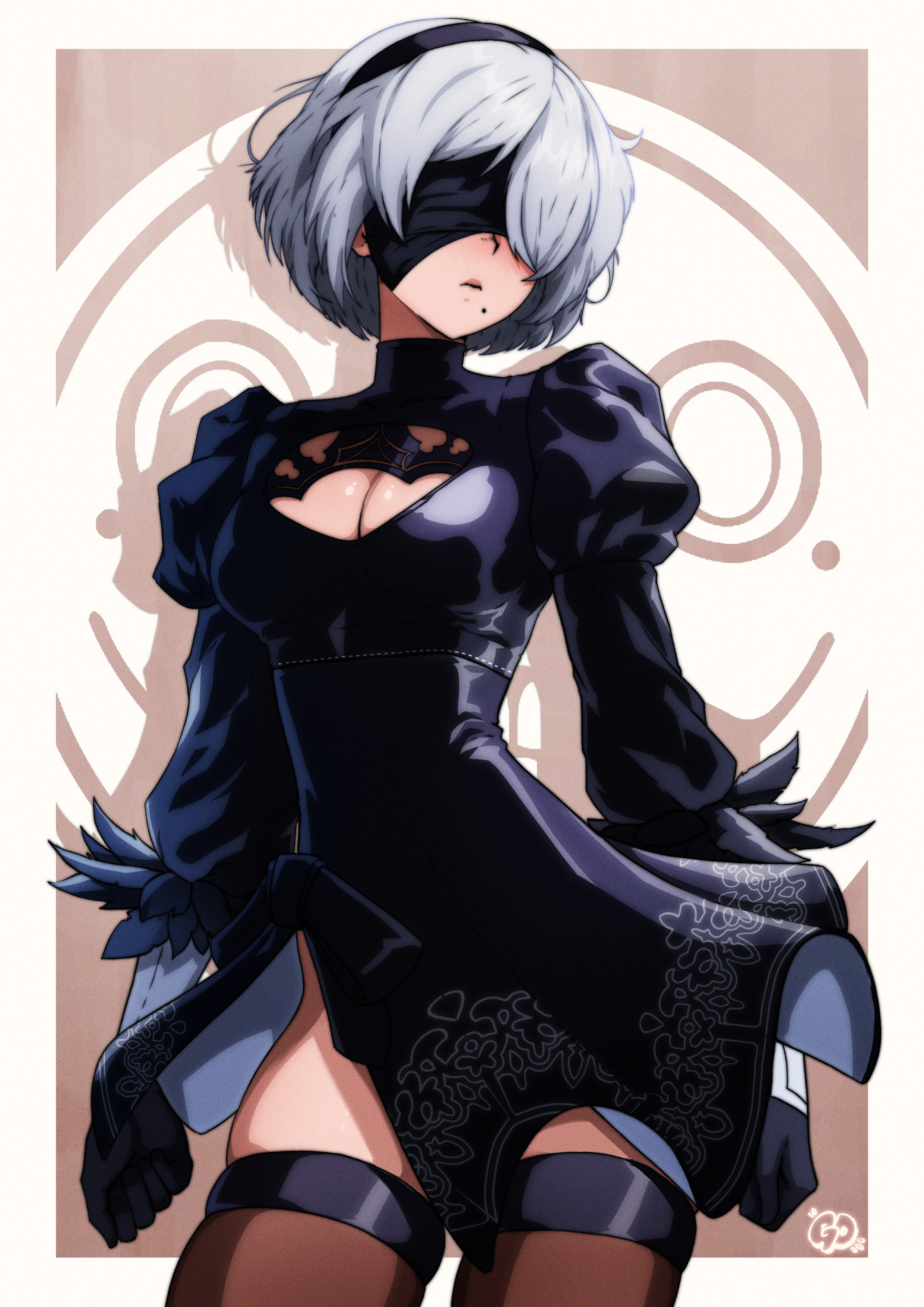 gravydood, 2b (nier:automata), nier:automata, nier (series), absurdres, highres, 1girl, black dress, black gloves, black hairband, black thighhighs, blindfold, border, breasts, brown background, cleavage cutout, clothing cutout, cowboy shot, dress, feather trim, gloves, grey hair, hairband, juliet sleeves, long sleeves, medium breasts, mole, mole under eye, puffy sleeves, short dress, short hair, side slit, skindentation, solo, thighhighs, thighs, turtleneck, white border