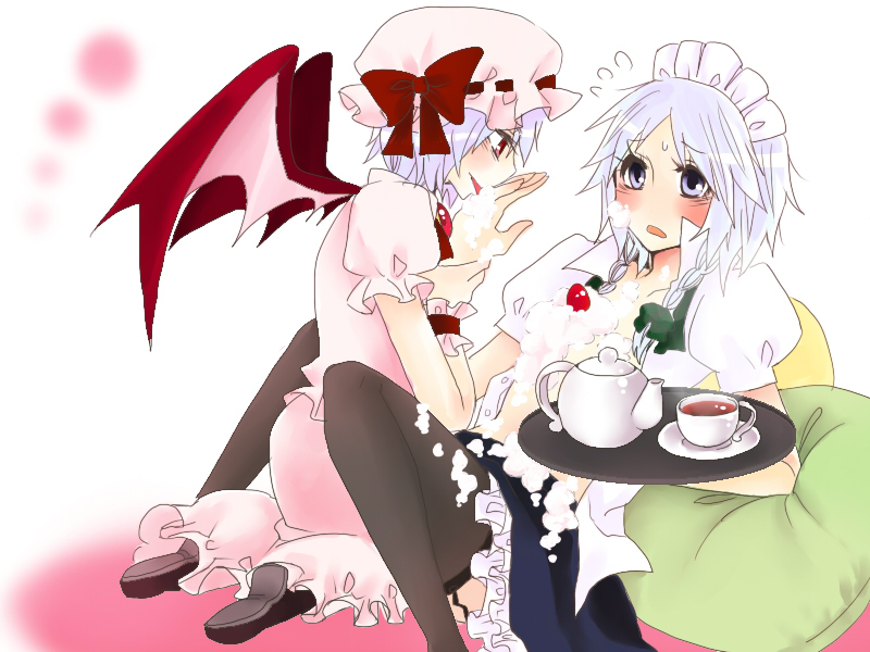yumesuke, izayoi sakuya, remilia scarlet, touhou, 2girls, bat wings, blush, cake, female focus, food, food on face, fruit, hairband, hat, licking, maid, multiple girls, pastry, ribbon, strawberry, tea, thighhighs, tongue, wings