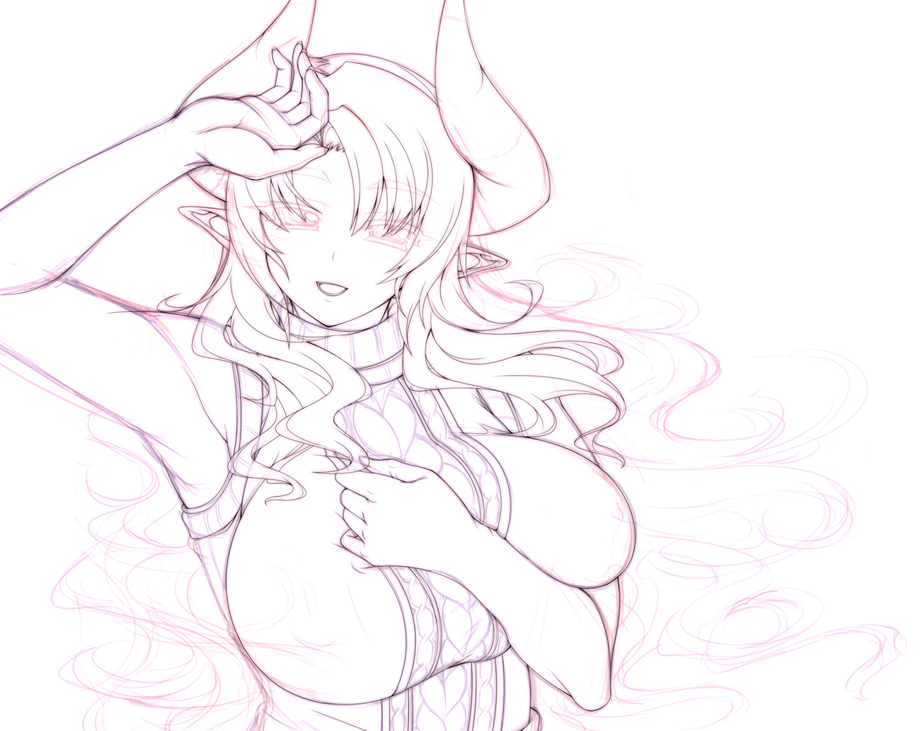 mel/a, akatsuki francesca, original, breast hold, hand on forehead, 1girl, armpits, breasts, demon girl, female focus, halterneck, horns, huge breasts, long hair, mature female, monochrome, pointy ears, purple theme, sketch, sleeveless, sleeveless turtleneck, solo, sweater, turtleneck