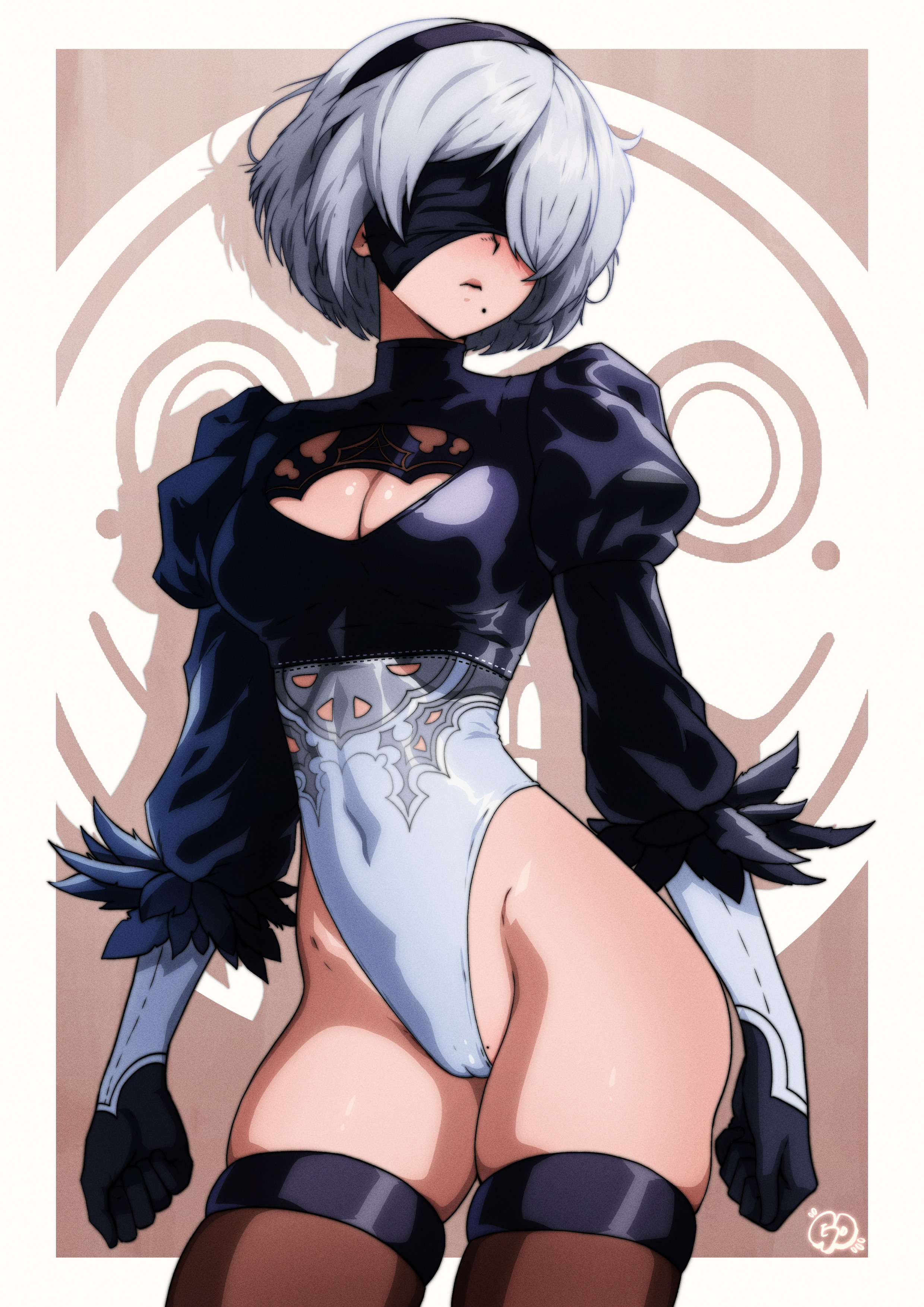 gravydood, 2b (nier:automata), nier:automata, nier (series), absurdres, highres, 1girl, black gloves, black hairband, black leotard, black thighhighs, blindfold, border, breasts, brown background, cleavage cutout, clothing cutout, cowboy shot, feather trim, gloves, grey hair, hairband, highleg, highleg leotard, juliet sleeves, leotard, long sleeves, medium breasts, mole, mole under eye, multicolored leotard, puffy sleeves, short hair, skindentation, solo, thighhighs, thighs, turtleneck, two-tone leotard, white border, white leotard