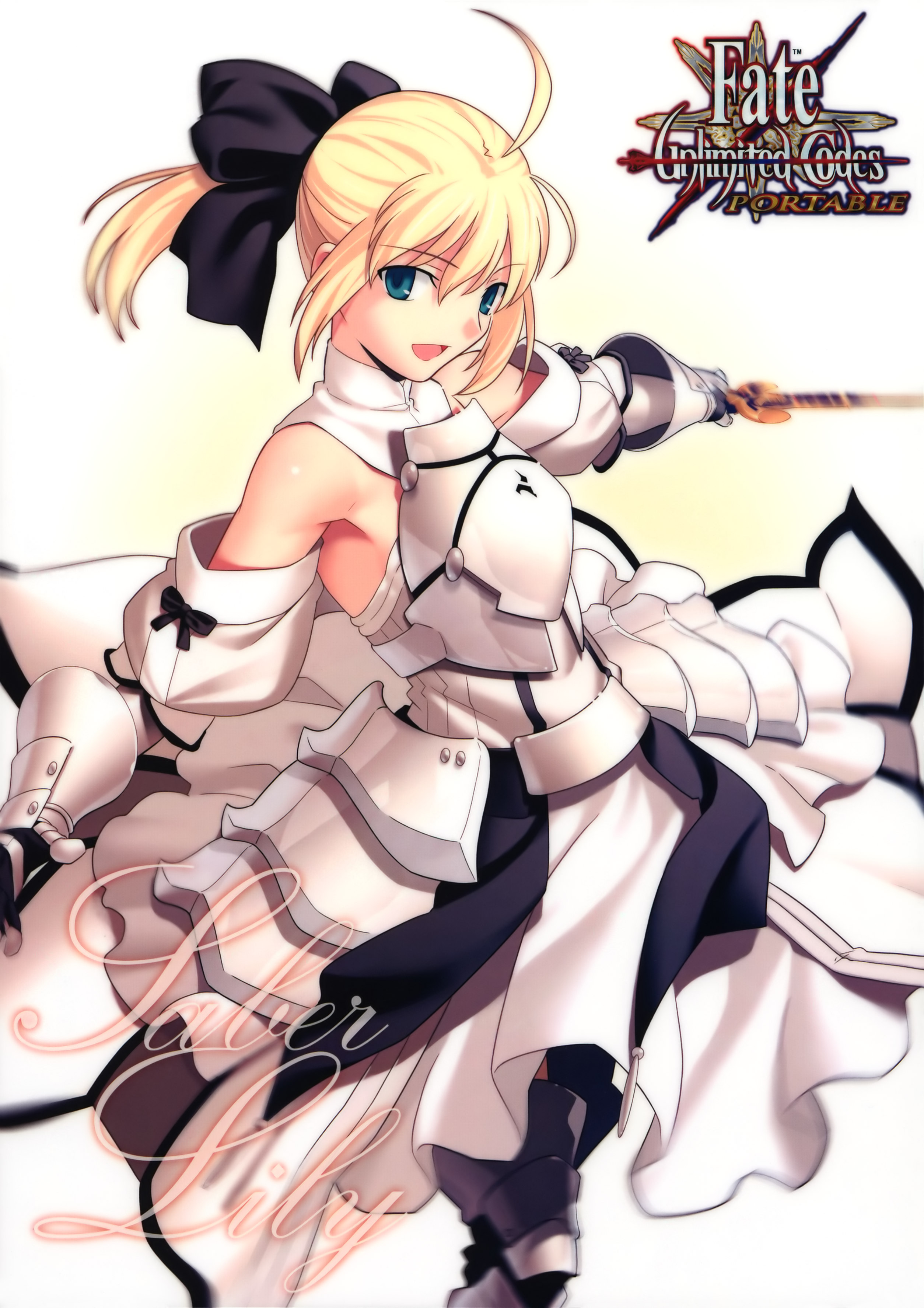 takeuchi takashi, artoria pendragon (fate), saber (fate), saber lily, capcom, fate/stay night, fate/unlimited codes, fate (series), absurdres, highres, scan, 00s, 1girl, ahoge, armor, armored dress, blonde hair, detached sleeves, dress, female focus, gauntlets, greaves, green eyes, hair ribbon, looking at viewer, open mouth, ponytail, ribbon, solo, sword, weapon