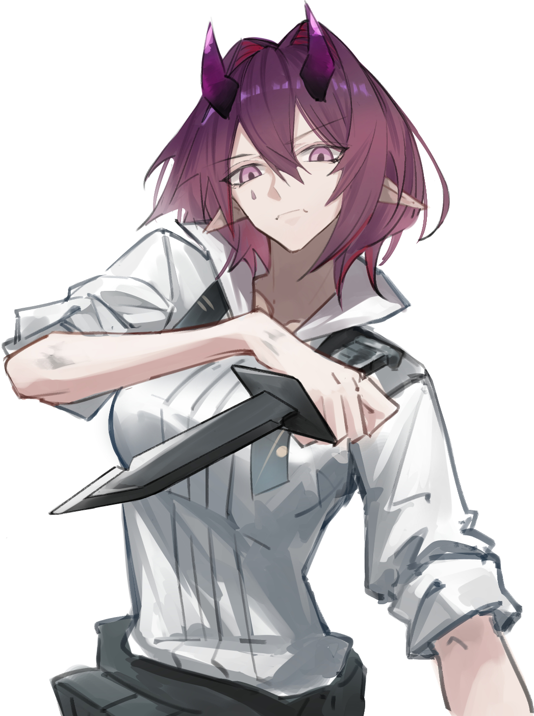 rusi, ascalon (arknights), arknights, commentary request, highres, 1girl, breasts, closed mouth, demon girl, demon horns, expressionless, hair between eyes, holding, holding knife, horns, horns through hood, knife, long hair, pointy ears, purple horns, shirt, short sleeves, simple background, solo, teardrop facial mark, upper body, white background, white shirt