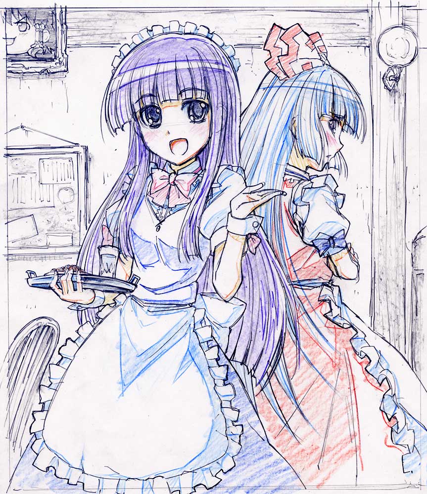 sakino shingetsu, fujiwara no mokou, hakurei reimu, houraisan kaguya, the iron of yin and yang, touhou, traditional media, 2girls, alternate costume, apron, blush, enmaided, female focus, frown, hairband, long hair, looking back, maid, maid apron, multiple girls, purple hair, ribbon, smile, yukkuri shiteitte ne