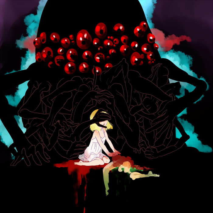 yukataro, original, bad id, bad pixiv id, barefoot, blonde hair, blood, guro, monster, short hair, solo