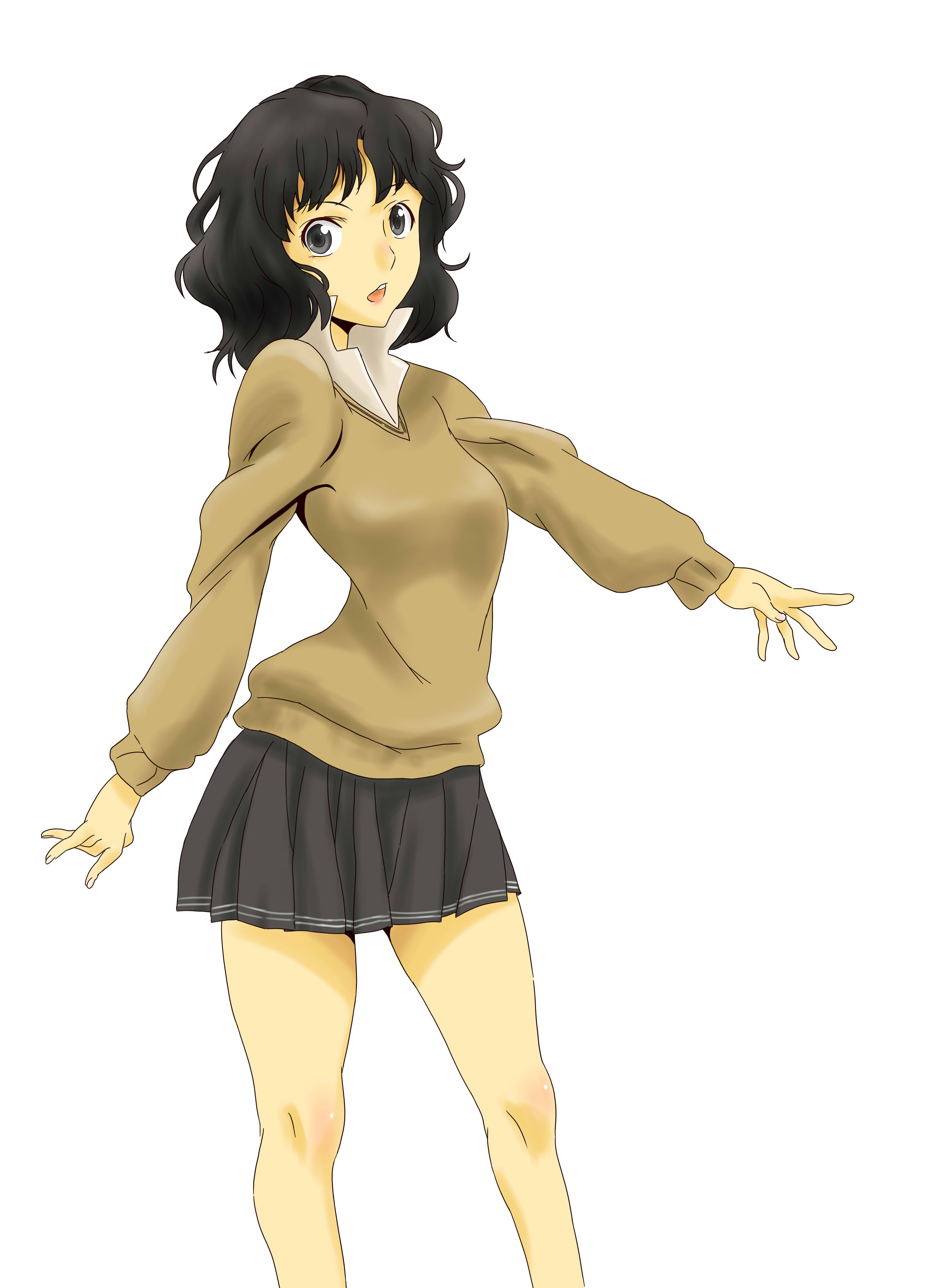 mas (5734ghji), tanamachi kaoru, amagami, absurdres, highres, black eyes, black hair, messy hair, pleated skirt, school uniform, skirt, solo, sweater