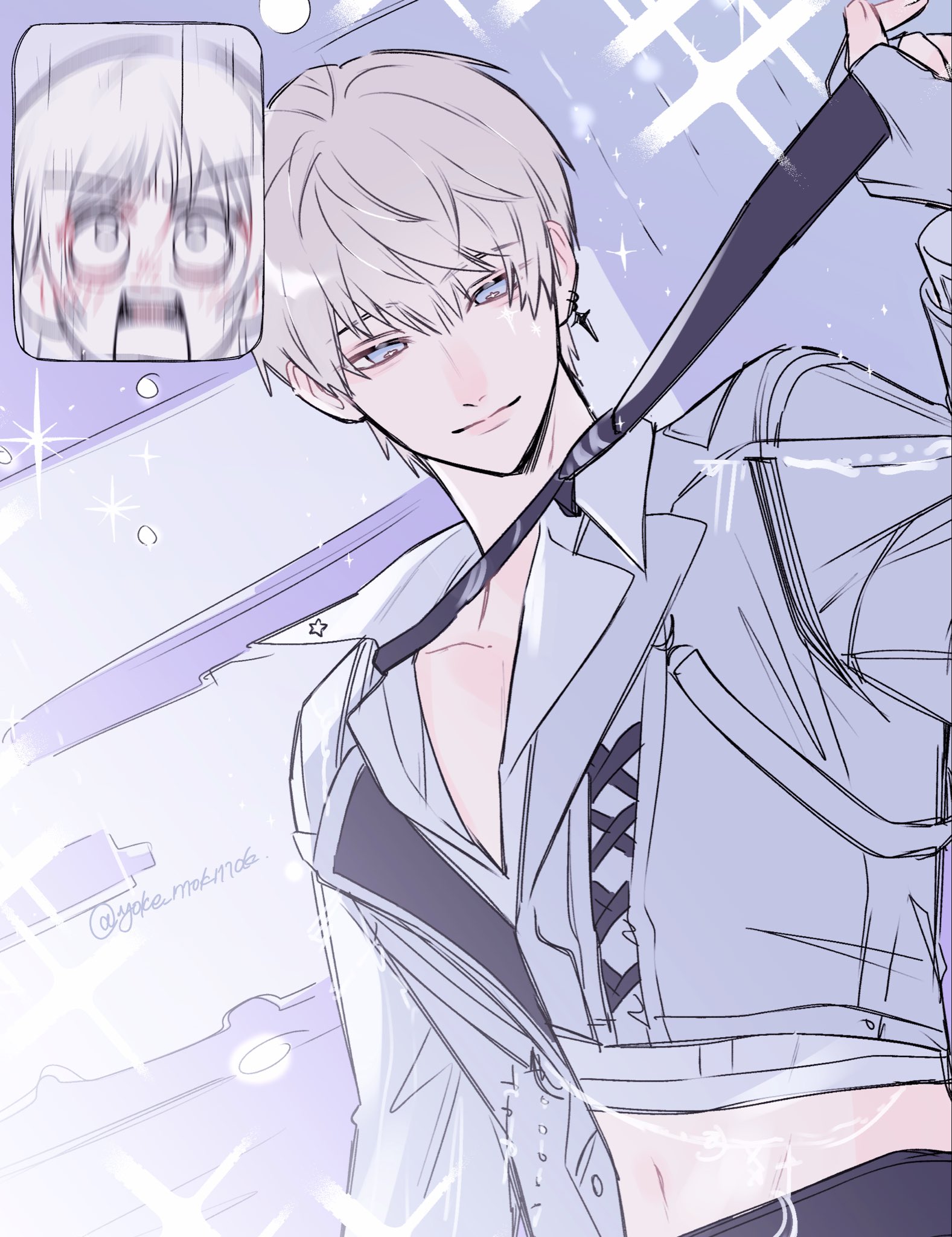 protagonist (love and deepspace), xavier (love and deepspace), love and deepspace, highres, 1boy, 1girl, black necktie, black pants, blue eyes, blush, cropped jacket, earrings, grey hair, grey jacket, hair between eyes, jacket, jewelry, light smile, midriff, necktie, official alternate costume, open mouth, pants, shouting, sparkle, twitter username, yoke mokmok