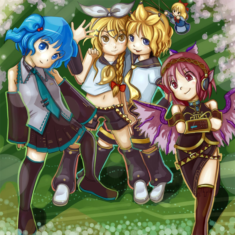 maku (artist), maku (wasabishock), alice margatroid, hatsune miku, kagamine len, kagamine rin, kawashiro nitori, kirisame marisa, megurine luka, mystia lorelei, shanghai doll, touhou, vocaloid, 4girls, blonde hair, cosplay, female focus, freckles, hatsune miku (cosplay), kagamine len (cosplay), kagamine rin (cosplay), megurine luka (cosplay), multiple girls, thighhighs, two side up