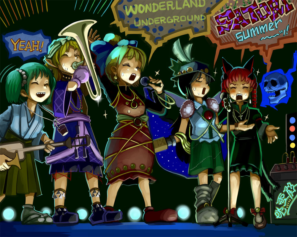 maku (artist), maku (wasabishock), kaenbyou rin, kisume, kurodani yamame, mizuhashi parsee, reiuji utsuho, touhou, 5girls, female focus, instrument, multiple girls, music, singing